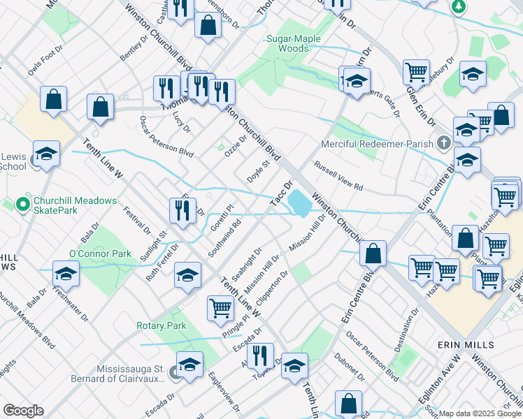 map of restaurants, bars, coffee shops, grocery stores, and more near 3095 Tacc Drive in Mississauga
