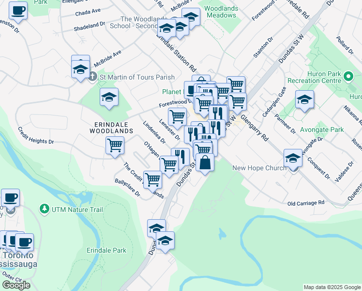 map of restaurants, bars, coffee shops, grocery stores, and more near 3068 Lenester Drive in Mississauga