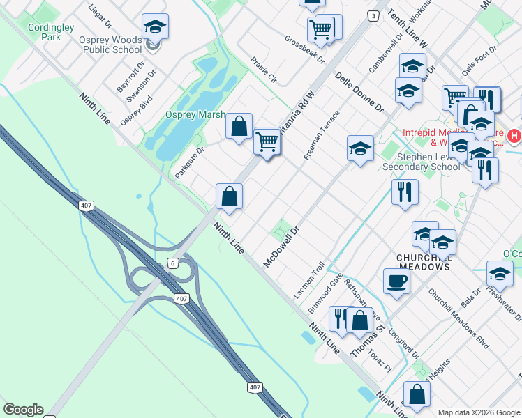 map of restaurants, bars, coffee shops, grocery stores, and more near 3891 Freeman Terrace in Mississauga