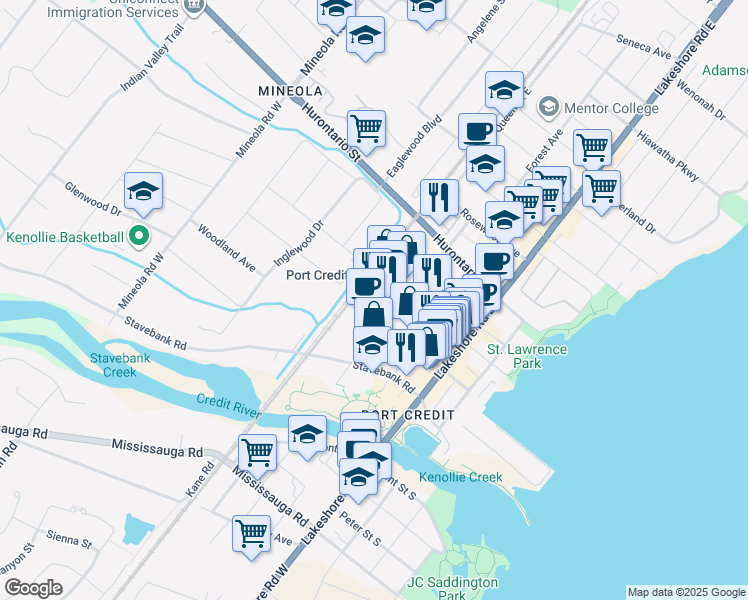 map of restaurants, bars, coffee shops, grocery stores, and more near 49 Queen Street East in Mississauga