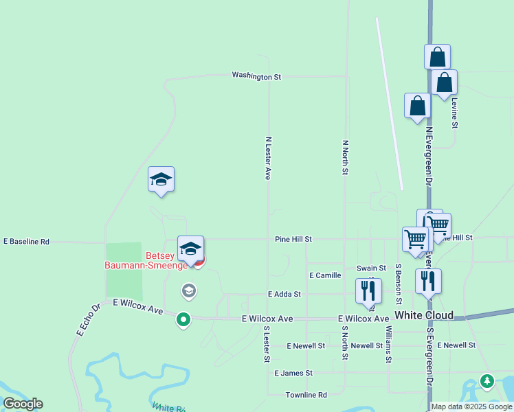 map of restaurants, bars, coffee shops, grocery stores, and more near 61 South Lester Street in White Cloud