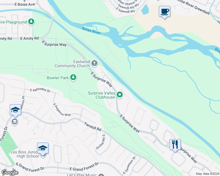 map of restaurants, bars, coffee shops, grocery stores, and more near 5178 South Sweetgrass Way in Boise