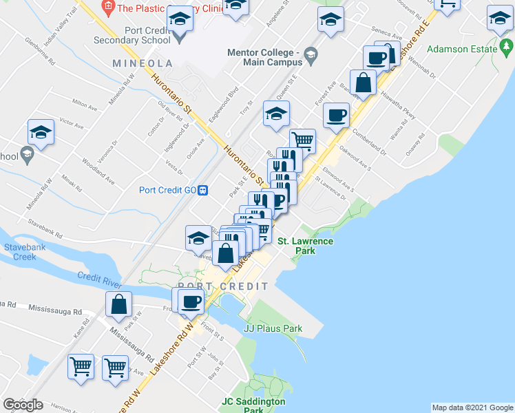map of restaurants, bars, coffee shops, grocery stores, and more near 81 High Street East in Mississauga