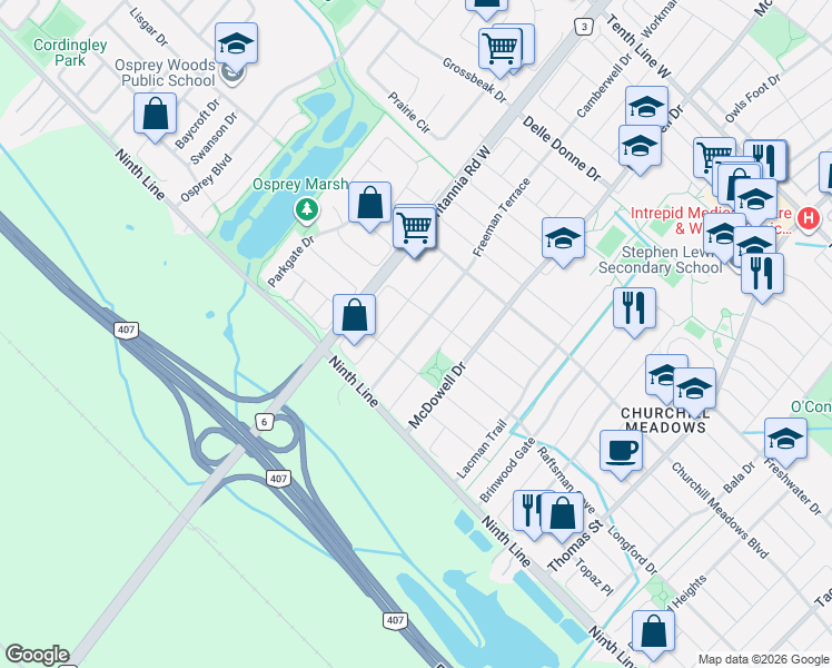 map of restaurants, bars, coffee shops, grocery stores, and more near 3969 Freeman Terrace in Mississauga