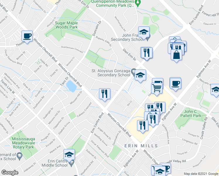 map of restaurants, bars, coffee shops, grocery stores, and more near 5253 Bushelgrove Circle in Mississauga