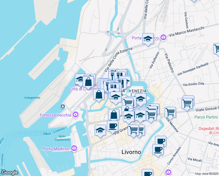 map of restaurants, bars, coffee shops, grocery stores, and more near 13 Via dei Bagnetti in Livorno
