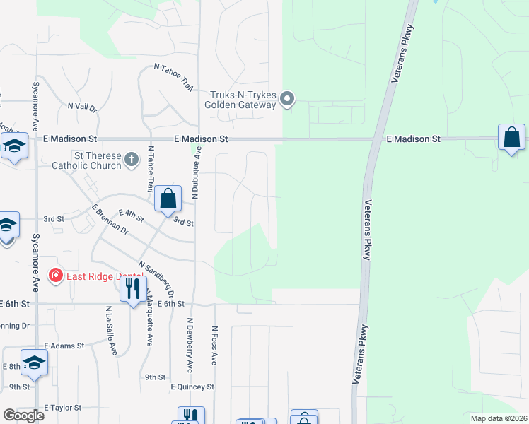 map of restaurants, bars, coffee shops, grocery stores, and more near 5501 East Madison Street in Sioux Falls