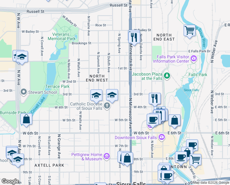 map of restaurants, bars, coffee shops, grocery stores, and more near 518 West 3rd Street in Sioux Falls