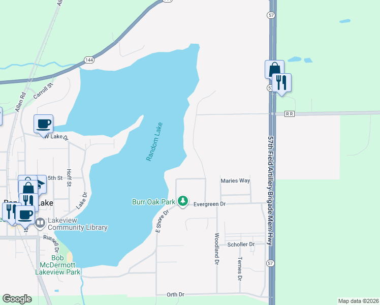 map of restaurants, bars, coffee shops, grocery stores, and more near 151 East Shore Drive in Random Lake