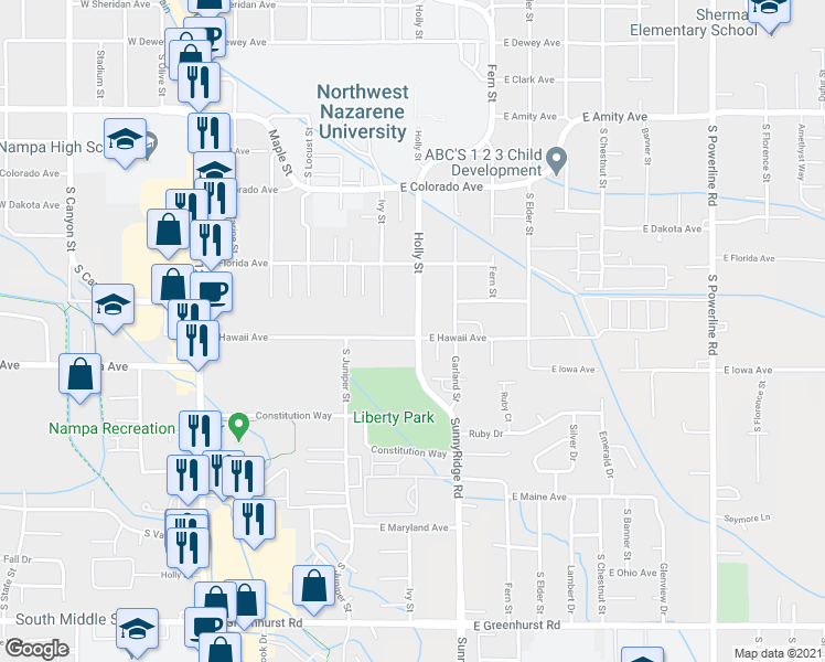 map of restaurants, bars, coffee shops, grocery stores, and more near 616 East Hawaii Avenue in Nampa