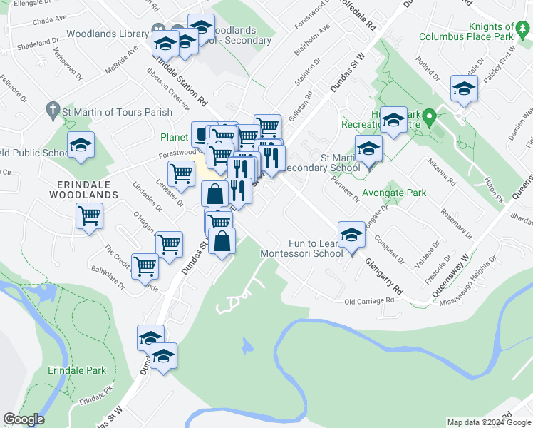 map of restaurants, bars, coffee shops, grocery stores, and more near 2576 Sharon Crescent in Mississauga