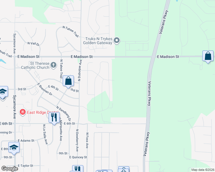 map of restaurants, bars, coffee shops, grocery stores, and more near 5501 East Madison Street in Sioux Falls