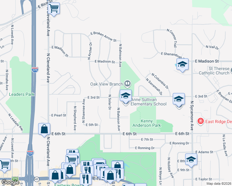 map of restaurants, bars, coffee shops, grocery stores, and more near 710 North Solar Drive in Sioux Falls