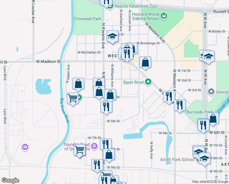 map of restaurants, bars, coffee shops, grocery stores, and more near 613 North Garfield Avenue in Sioux Falls