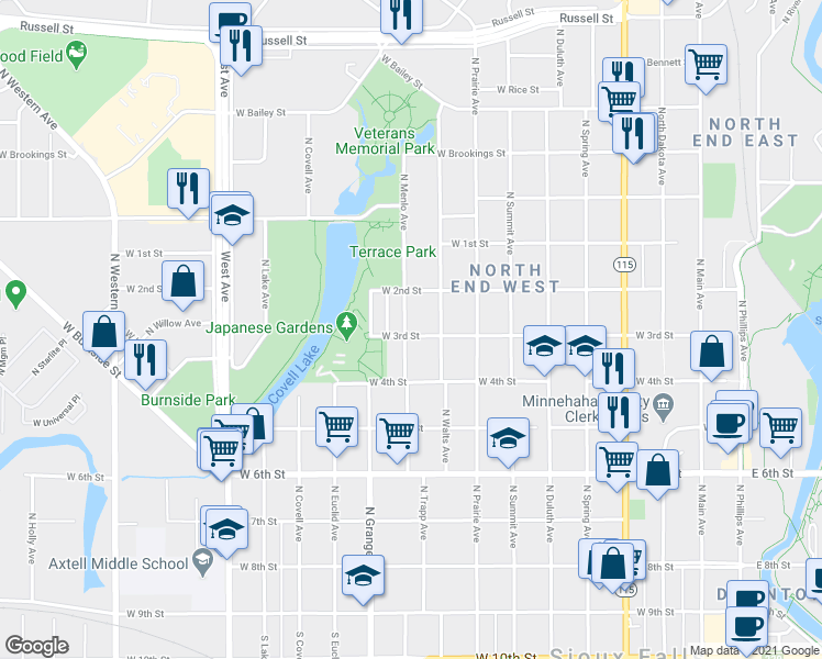 map of restaurants, bars, coffee shops, grocery stores, and more near 926 West 3rd Street in Sioux Falls