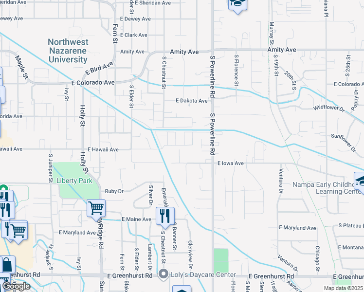 map of restaurants, bars, coffee shops, grocery stores, and more near South English Oak Way in Nampa