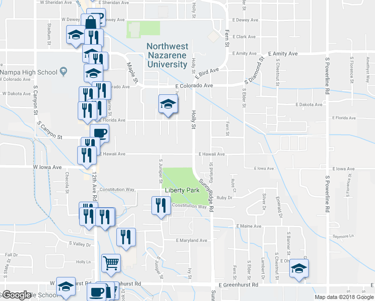 map of restaurants, bars, coffee shops, grocery stores, and more near 616 East Hawaii Avenue in Nampa