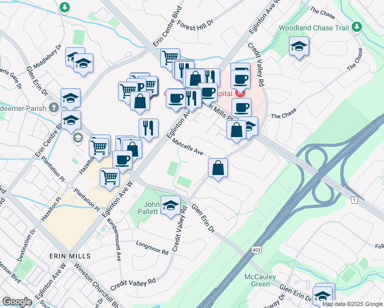 map of restaurants, bars, coffee shops, grocery stores, and more near 4584 Metcalfe Avenue in Mississauga