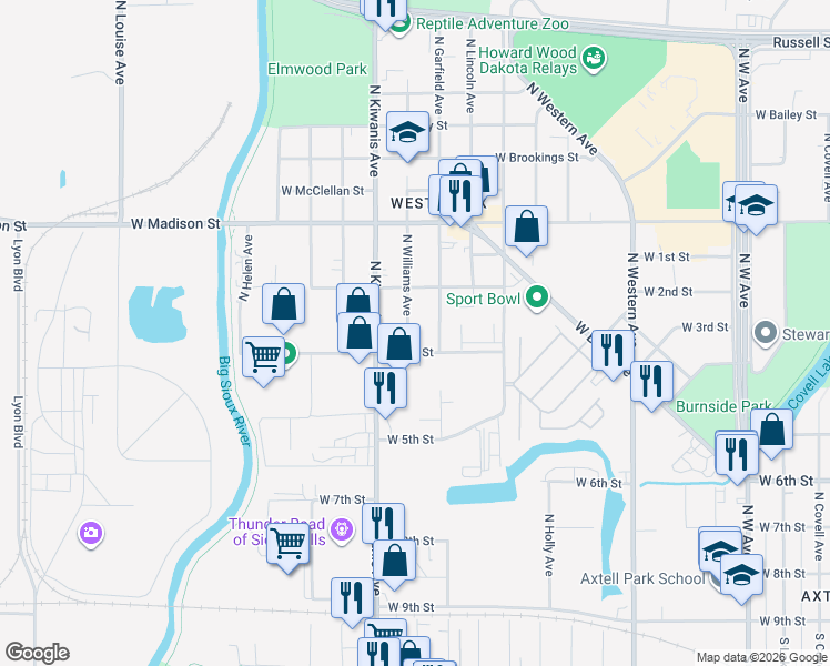 map of restaurants, bars, coffee shops, grocery stores, and more near 613 North Garfield Avenue in Sioux Falls