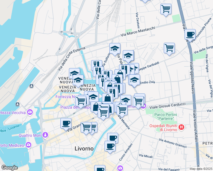 map of restaurants, bars, coffee shops, grocery stores, and more near 10 Via Pompilia in Livorno