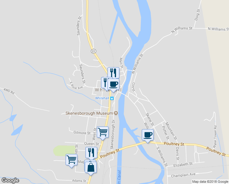 map of restaurants, bars, coffee shops, grocery stores, and more near 124 Main Street in Whitehall