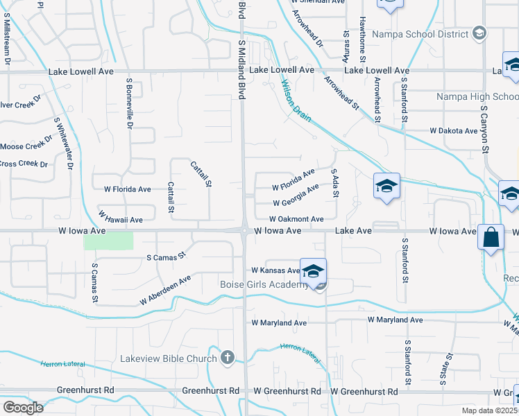 map of restaurants, bars, coffee shops, grocery stores, and more near 1404 South Benewah Street in Nampa