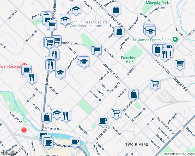 map of restaurants, bars, coffee shops, grocery stores, and more near 4 Lane Street in Guelph