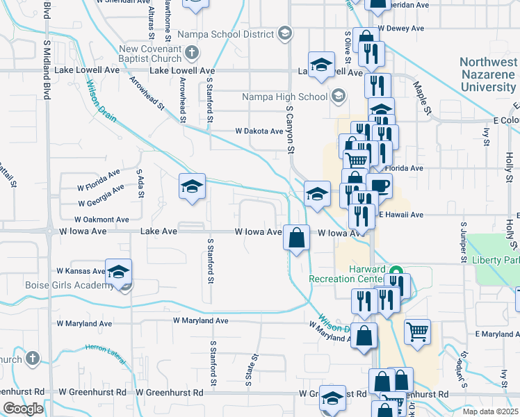 map of restaurants, bars, coffee shops, grocery stores, and more near 1355 South Edgewater Circle in Nampa