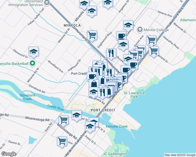 map of restaurants, bars, coffee shops, grocery stores, and more near 52 Park Street East in Mississauga