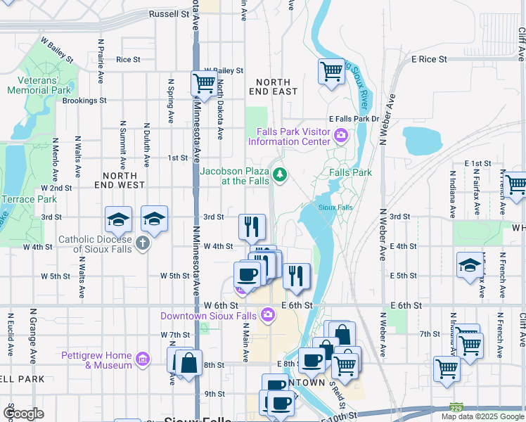 map of restaurants, bars, coffee shops, grocery stores, and more near 712 North Main Avenue in Sioux Falls