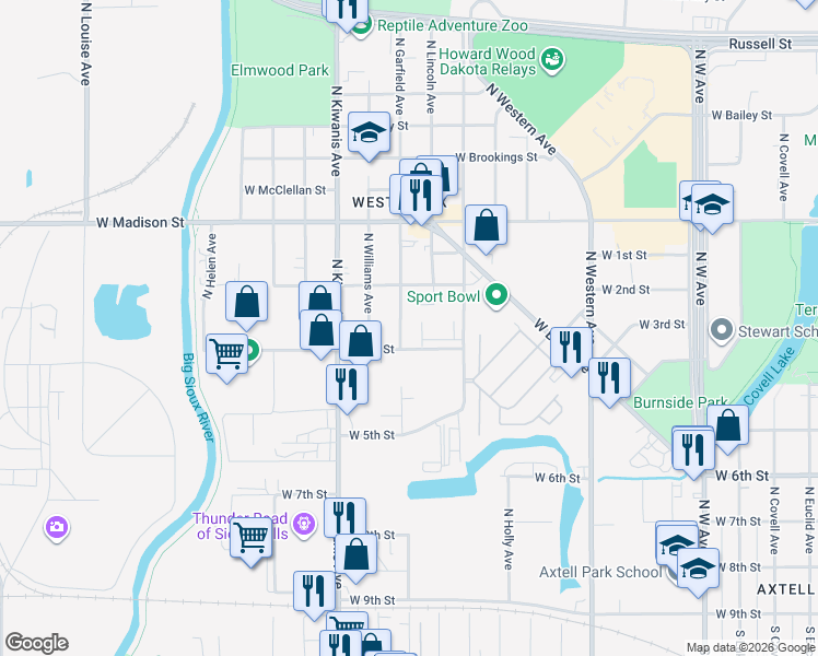 map of restaurants, bars, coffee shops, grocery stores, and more near 613 North Garfield Avenue in Sioux Falls