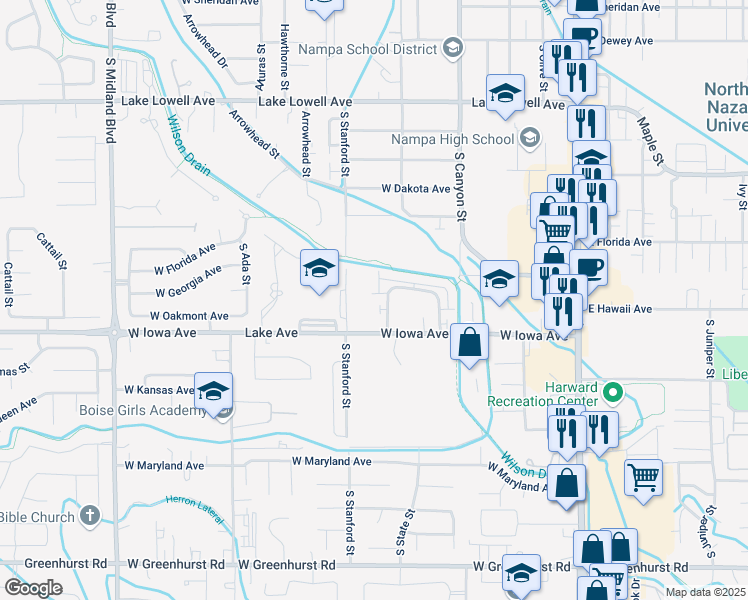 map of restaurants, bars, coffee shops, grocery stores, and more near 1324 South Edgewater Circle in Nampa