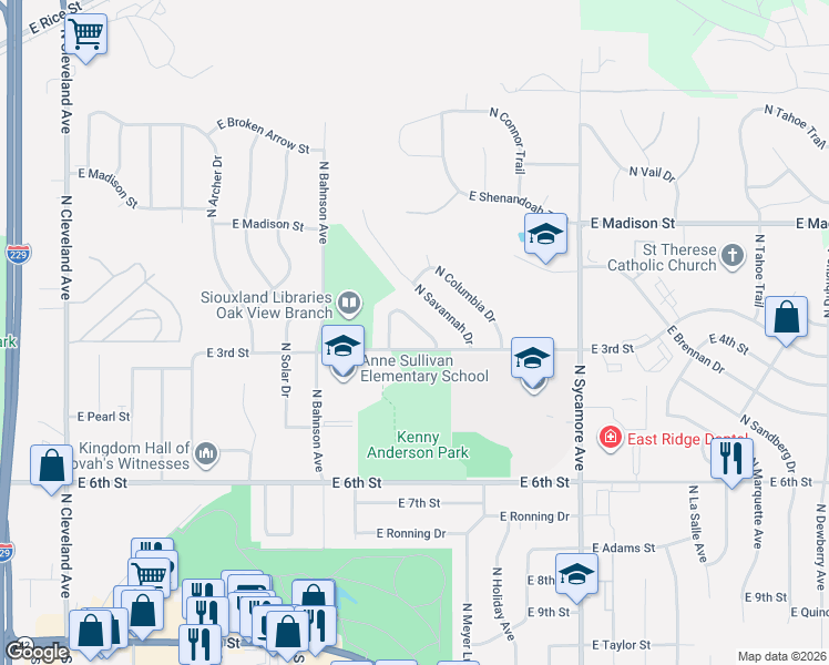 map of restaurants, bars, coffee shops, grocery stores, and more near 719 North Montgomery Court in Sioux Falls