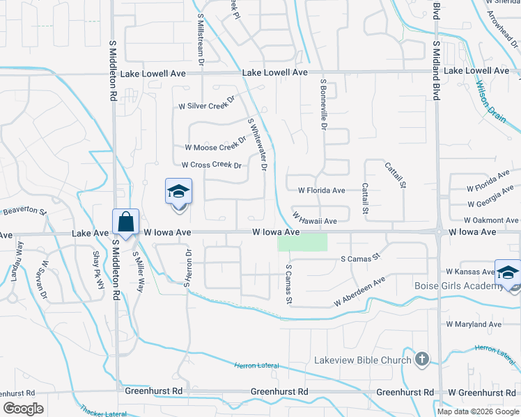 map of restaurants, bars, coffee shops, grocery stores, and more near 1411 South Whitewater Court in Nampa