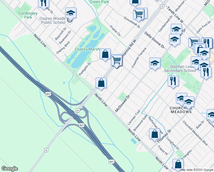 map of restaurants, bars, coffee shops, grocery stores, and more near 3942 Coachman Circle in Mississauga