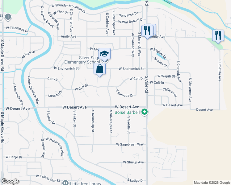 map of restaurants, bars, coffee shops, grocery stores, and more near 7735 Remuda Drive in Boise
