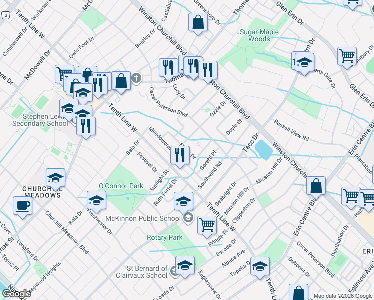 map of restaurants, bars, coffee shops, grocery stores, and more near 5532 Ethan Drive in Mississauga