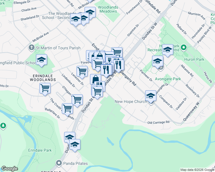 map of restaurants, bars, coffee shops, grocery stores, and more near 1128 Dundas Street West in Mississauga