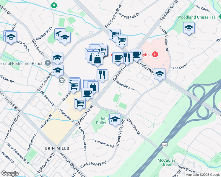 map of restaurants, bars, coffee shops, grocery stores, and more near 4677 Glen Erin Drive in Mississauga
