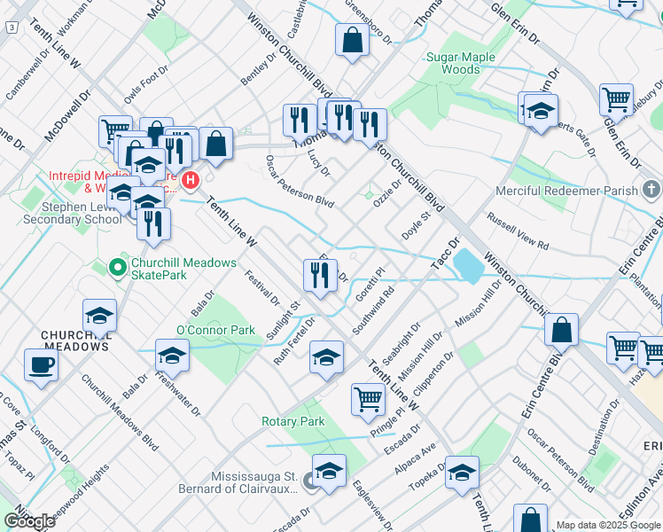map of restaurants, bars, coffee shops, grocery stores, and more near Ethan Drive in Mississauga