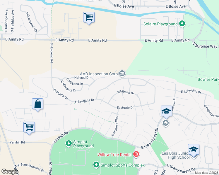 map of restaurants, bars, coffee shops, grocery stores, and more near 3127 Sweetwater Drive in Boise