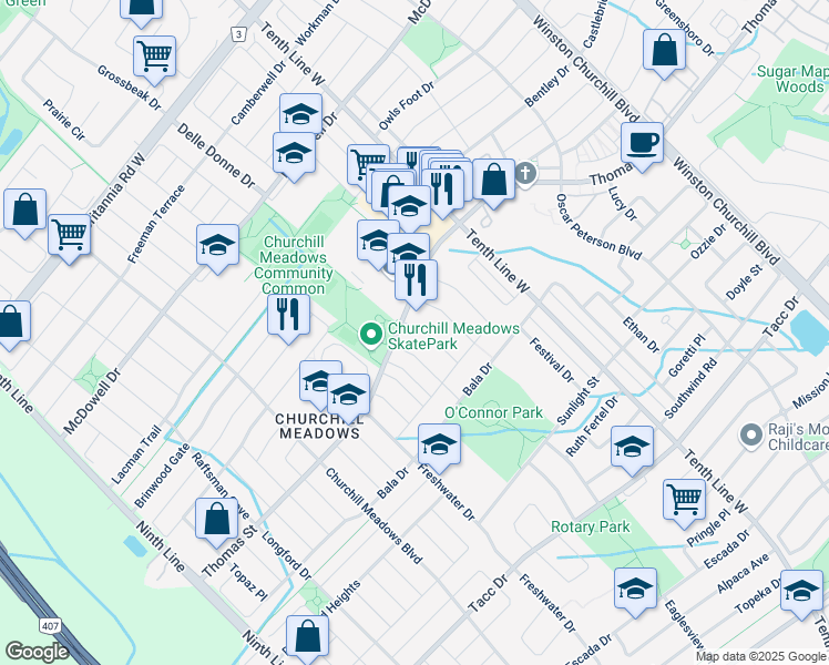 map of restaurants, bars, coffee shops, grocery stores, and more near 5680 Longboat Avenue in Mississauga
