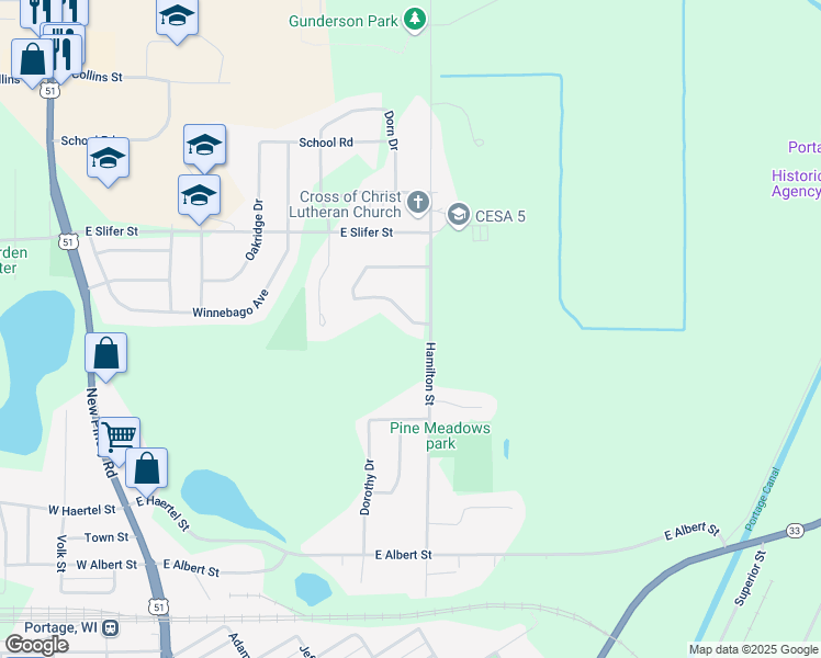 map of restaurants, bars, coffee shops, grocery stores, and more near 516 Evergreen Trail in Portage