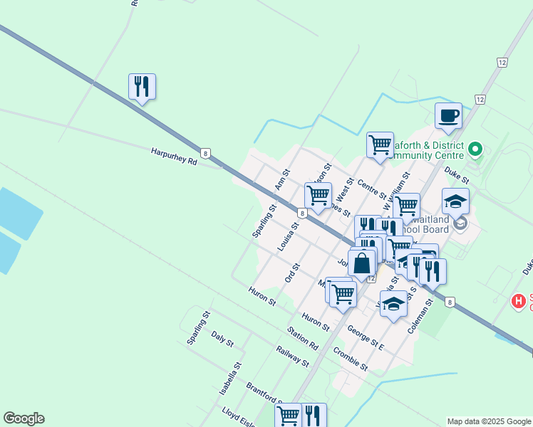 map of restaurants, bars, coffee shops, grocery stores, and more near 15 Sparling Street in Huron County