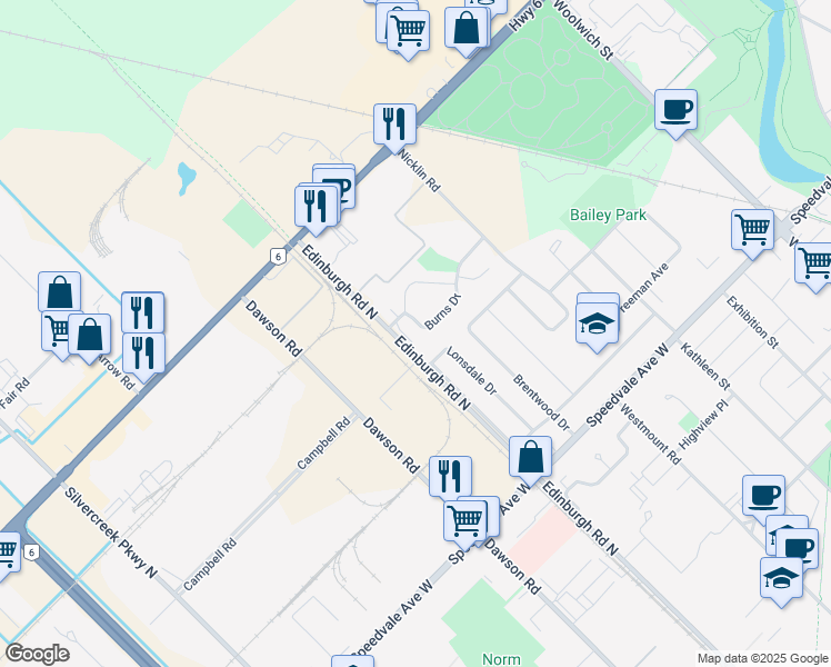 map of restaurants, bars, coffee shops, grocery stores, and more near 80 Burns Drive in Guelph