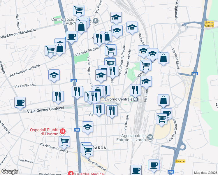 map of restaurants, bars, coffee shops, grocery stores, and more near 21 Via Victor Ezio Marzocchini in Livorno