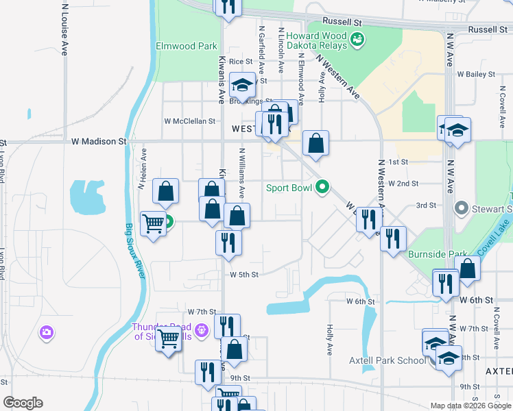 map of restaurants, bars, coffee shops, grocery stores, and more near 613 North Garfield Avenue in Sioux Falls