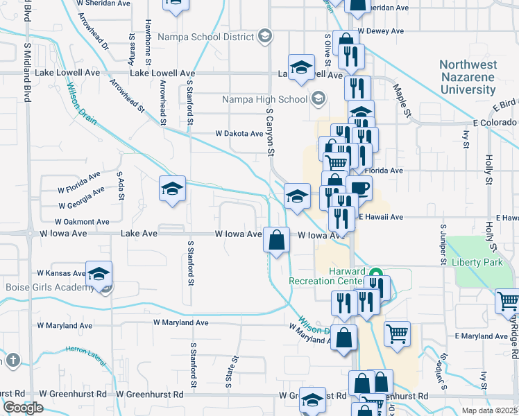 map of restaurants, bars, coffee shops, grocery stores, and more near 1412 South Edgewater Circle in Nampa