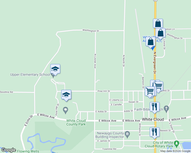 map of restaurants, bars, coffee shops, grocery stores, and more near 61 South Lester Street in White Cloud