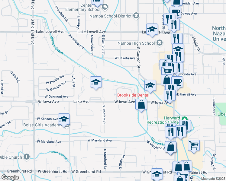 map of restaurants, bars, coffee shops, grocery stores, and more near 1326 South Edgewater Circle in Nampa